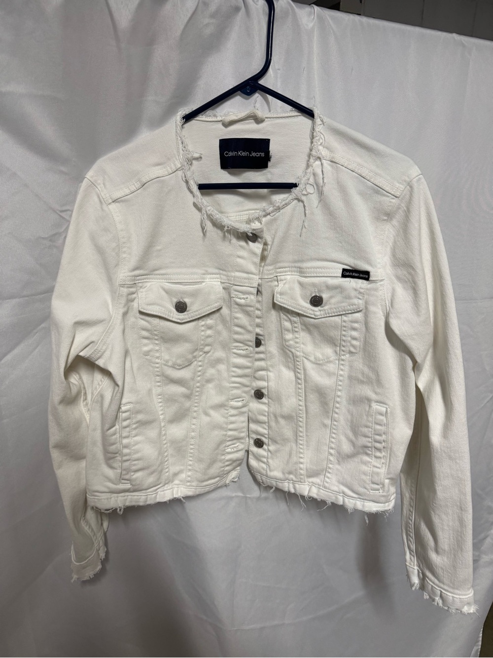 Calvin Klein Jeans White Frayed Hem Denim Jacket